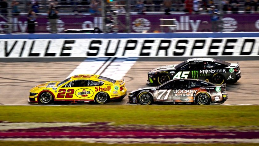 Logano stumbles his way to victory in extended Nashville wreckfest