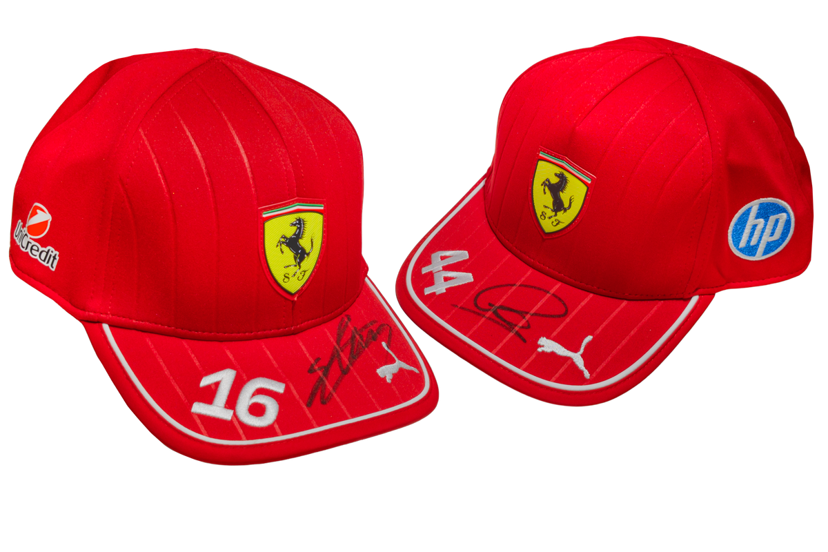 Rev up Your Collection: Enter to Win Autographed Hamilton and Leclerc Ferrari Caps!